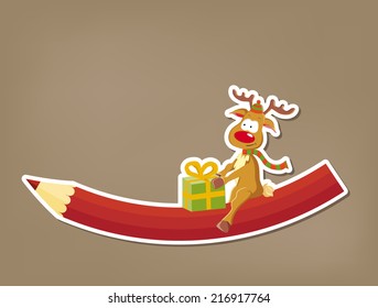 Cartoon christmas reindeer with present sitting on crayon (vector) 