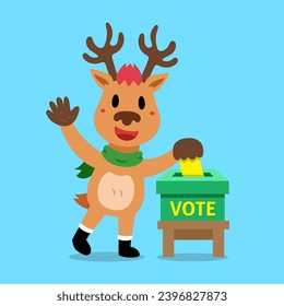 Cartoon christmas reindeer putting voting paper in the ballot box for design.