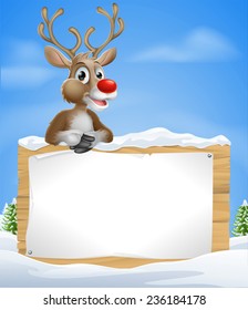 Cartoon Christmas Reindeer Sign of one of SantaÃ?Â¢??s cute red nosed reindeer leaning over a snowy sign