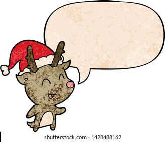 cartoon christmas reindeer with speech bubble in retro texture style