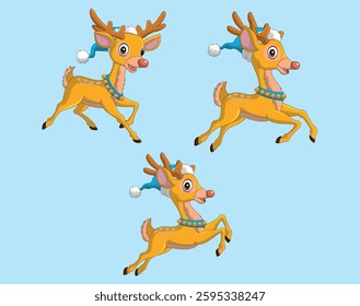 Cartoon Christmas reindeers wearing santa claus hat vector illustration