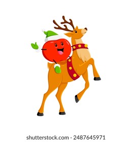 Cartoon Christmas ripe raw apple fruit character adorned in elf helper hat joyfully rides a majestic reindeer. Isolated vector personage spreading holiday cheer and magic to kids with its fruity charm