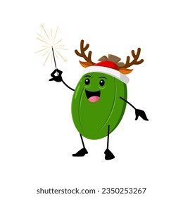 Cartoon Christmas ripe raw feijoa fruit character with festive sparkler. Isolated vector tropical fruit personage wear reindeer horns, radiating joy and celebration, creates a merry holiday ambiance