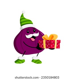 Cartoon Christmas ripe raw figs fruit character with gift box. Isolated vector Santa helper personage with present, mustaches and cheerful smile, wear green striped elf hat, spreading holiday cheer
