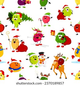 Cartoon christmas ripe raw fruit characters seamless pattern. Vector tile background with grape, melon, kaffir and lychee. Jack or dragon fruits, durian, pear, orange and mango celebrate Xmas holidays