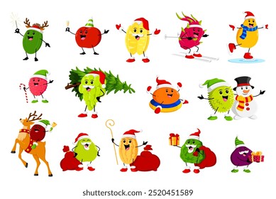 Cartoon Christmas ripe raw fruit characters. Christmas celebration, happy New Year holiday or winter season kiwi, pitaya and durian, orange, melon, fig festive tropical fruits cute vector personages