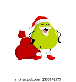 Cartoon Christmas ripe raw green pear fruit character with gifts bag. Isolated vector xmas Father Noel personage deliver presents, spreading festive spirit and joy. Healthy vitamin food Saint Nicholas