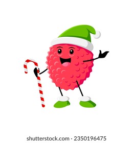 Cartoon Christmas ripe raw lychee fruit character wearing an elf hat, holding candy cane. Isolated vector cheerful tropical fruit personage joyfully celebrates Xmas adding festive cheer to celebration