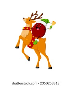 Cartoon Christmas ripe raw plum fruit character joyfully rides a majestic reindeer, knolling and spreading holiday cheer and magic to children around the world. Isolated vector elf helper with a bell
