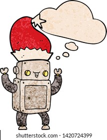 cartoon christmas robot with thought bubble in grunge texture style
