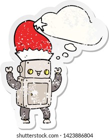 cartoon christmas robot with thought bubble as a distressed worn sticker