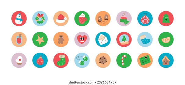 Cartoon Christmas round stickers pack in retro trendy style. Happy New Year collection of kawaii snowman, mascot tree, gift, gingerbread. Holday signs, symbols for highlights, print, web. Vector