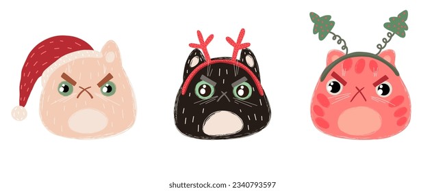 Cartoon Christmas sad cat set. Hand drawn grumpy face of a cat in a headband and a New Year's hat. Vector cat head isolated on a white background.