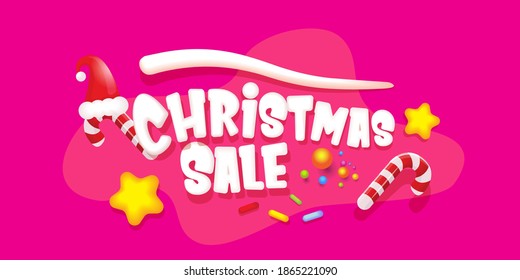 cartoon christmas sale horizontal banner with lighting stars, candies, lollipops, snow, santa red hat and christmas lights isolated on pink background. Cartoon kids style sale label