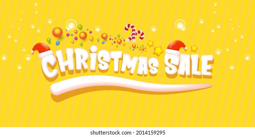 cartoon christmas sale horizontal banner with lighting stars, candies, lollipops, snow, santa red hat and christmas lights isolated on yellow  background. Cartoon kids style sale label
