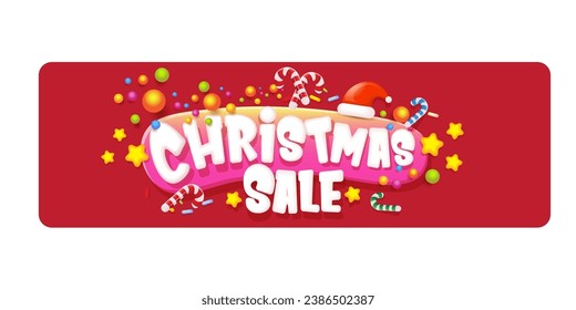 cartoon christmas sale horizontal banner with lighting stars, candies, lollipops, snow, santa red hat and christmas lights isolated on red background. Cartoon kids style sale label sticker