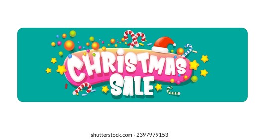 cartoon christmas sale horizontal banner with lighting stars, candies, lollipops, snow, santa red hat and christmas lights isolated on green background. Cartoon kids style sale label sticker button