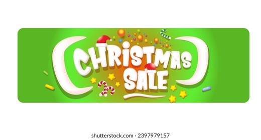 cartoon christmas sale horizontal banner with lighting stars, candies, lollipops, snow, santa red hat and christmas lights isolated on green background. Cartoon kids style sale label sticker button