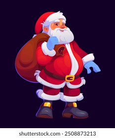 Cartoon Christmas Santa character carrying a large sack of gifts, dressed in his traditional red suit and hat, spreads joy, seasonal greetings and holiday spirit. Vector saint Noel festive personage