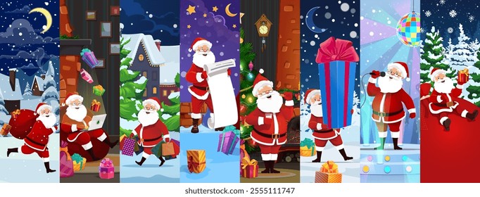 Cartoon Christmas Santa characters collage. Vector festive scenes with father Noel personage delivering gifts, performs on stage, reading scroll with wish list and celebrating Xmas holiday traditions