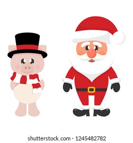 cartoon christmas santa claus with christmas cartoon cute pig in hat