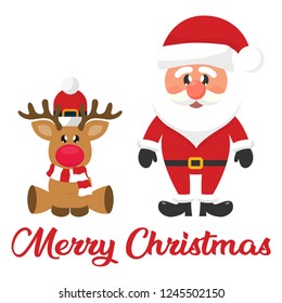 cartoon christmas santa claus and сhristmas deer and christmas text
