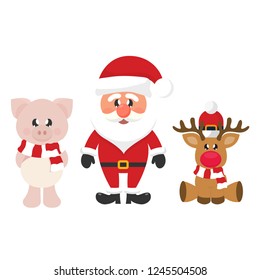 cartoon christmas santa claus and сhristmas deer and christmas cute pig