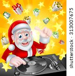 Cartoon Christmas Santa Claus DJ at the record decks with Christmas gift presents and stars in the background