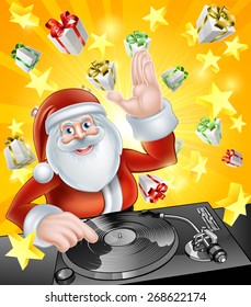 Cartoon Christmas Santa Claus DJ at the record decks with Christmas gift presents in the background