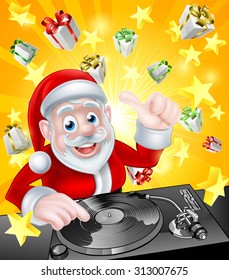 Cartoon Christmas Santa Claus DJ at the record decks with Christmas gift presents and stars in the background
