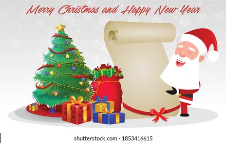 cartoon Christmas Santa Claus, Funny happy Santa Claus character with gift, bag with presents, waving and greeting. For Christmas cards, banners, tags, mobile and labels. 