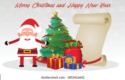 cartoon Christmas Santa Claus, Funny happy Santa Claus character with gift, bag with presents, waving and greeting. For Christmas cards, banners, tags, mobile and labels. 