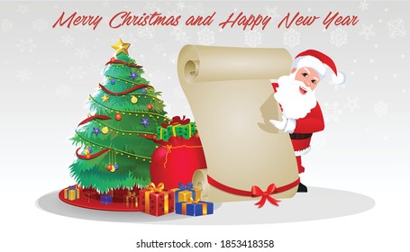 cartoon Christmas Santa Claus, Funny happy Santa Claus character with gift, bag with presents, waving and greeting. For Christmas cards, banners, tags, mobile and labels. 