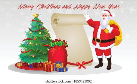 cartoon Christmas Santa Claus, Funny happy Santa Claus character with gift, bag with presents, waving and greeting. For Christmas cards, banners, tags, mobile and labels. 