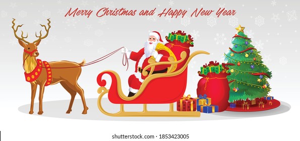 cartoon Christmas Santa Claus, Funny happy Santa Claus character with gift, bag with presents, waving and greeting. For Christmas cards, banners, tags, mobile and labels. 
