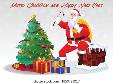 cartoon Christmas Santa Claus, Funny happy Santa Claus character with gift, bag with presents, waving and greeting. For Christmas cards, banners, tags, mobile and labels. 