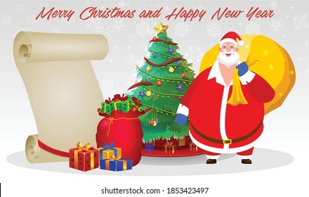 cartoon Christmas Santa Claus, Funny happy Santa Claus character with gift, bag with presents, waving and greeting. For Christmas cards, banners, tags, mobile and labels. 
