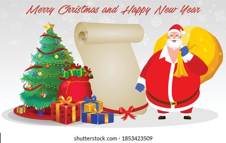 cartoon Christmas Santa Claus, Funny happy Santa Claus character with gift, bag with presents, waving and greeting. For Christmas cards, banners, tags, mobile and labels. 