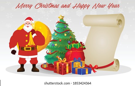 cartoon Christmas Santa Claus, Funny happy Santa Claus character with gift, bag with presents, waving and greeting. For Christmas cards, banners, tags, mobile and labels. 