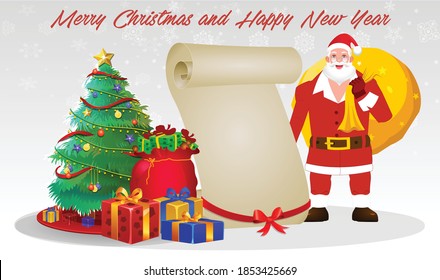 cartoon Christmas Santa Claus, Funny happy Santa Claus character with gift, bag with presents, waving and greeting. For Christmas cards, banners, tags, mobile and labels. 
