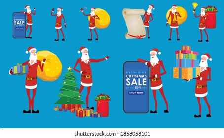 Cartoon Christmas Santa Claus, Funny happy Santa Claus character with gift, bag with presents, For Christmas cards, banners, tags, mobile and labels with Santa Claus Character poses