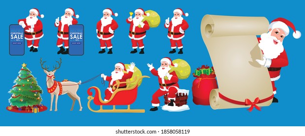 Cartoon Christmas Santa Claus, Funny happy Santa Claus character with gift, bag with presents, For Christmas cards, banners, tags, mobile and labels with Santa Claus Character poses