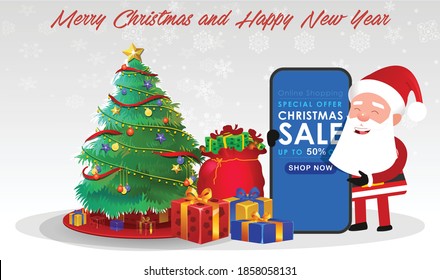 Cartoon Christmas Santa Claus, Funny happy Santa Claus character with gift, bag with presents, For Christmas cards, banners, tags, mobile and labels with Santa Claus Character poses