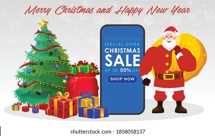 Cartoon Christmas Santa Claus, Funny happy Santa Claus character with gift, bag with presents, For Christmas cards, banners, tags, mobile and labels with Santa Claus Character poses