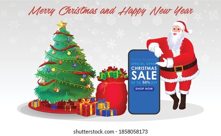 Cartoon Christmas Santa Claus, Funny happy Santa Claus character with gift, bag with presents, For Christmas cards, banners, tags, mobile and labels with Santa Claus Character poses