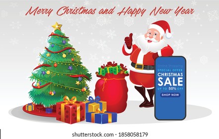 Cartoon Christmas Santa Claus, Funny happy Santa Claus character with gift, bag with presents, For Christmas cards, banners, tags, mobile and labels with Santa Claus Character poses