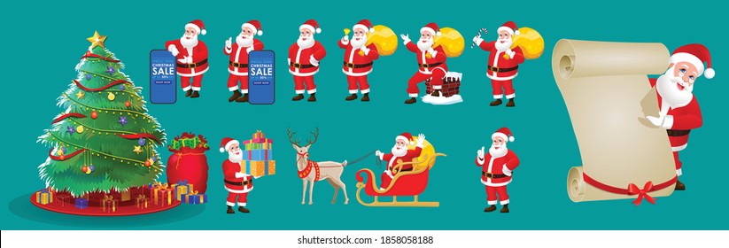 Cartoon Christmas Santa Claus, Funny happy Santa Claus character with gift, bag with presents, For Christmas cards, banners, tags, mobile and labels with Santa Claus Character poses