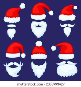 Cartoon christmas santa claus hats with beards or mustaches. Red santas cap, beard xmas photo booth mask, new year costume accessory vector set. Different festive decor for party celebration