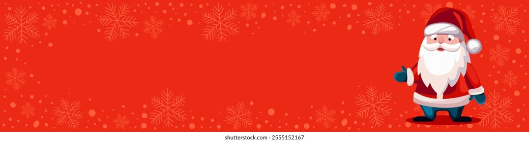 Cartoon Christmas Santa Claus on red background with snowflakes. Santa Claus vector illustration. Merry Christmas and Happy New Year greeting concept. Banner with copy space