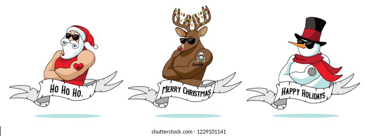 Cartoon Christmas Santa Claus, reindeer and snowman muscle men collection with holiday greeting ribbon and tattoos. Santa Claus Christmas logo idea. Eps10 vector illustration.